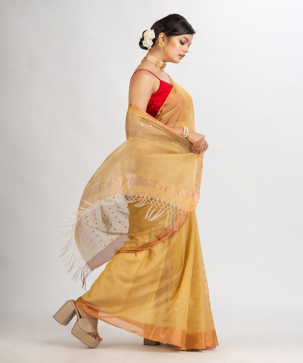 Beige cotton silk handwoven sequin bengal saree