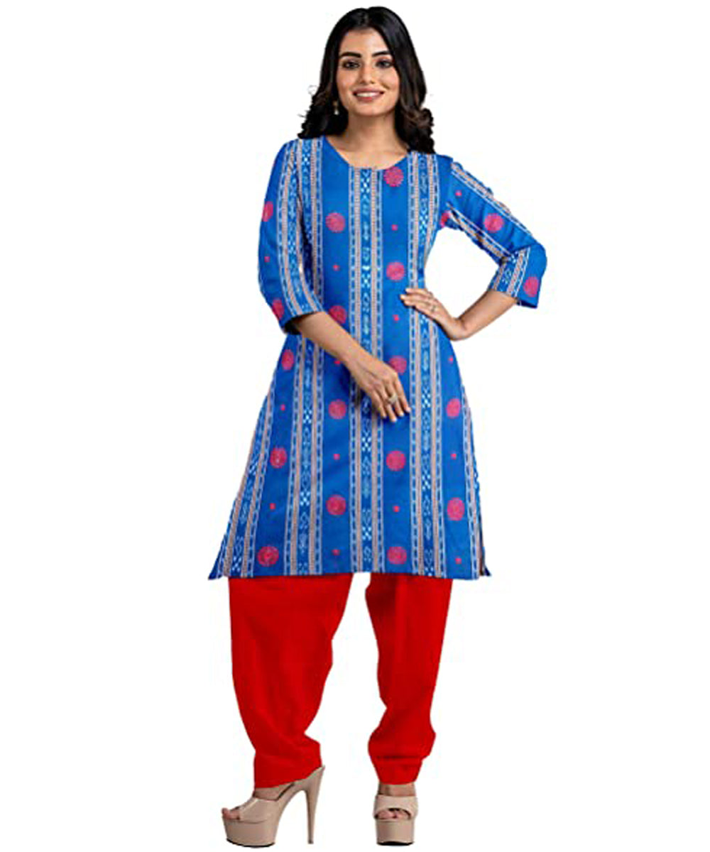 Cyan blue red handwoven cotton nuapatna dress material