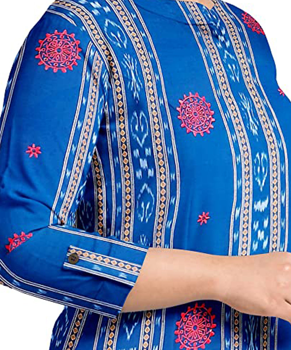 Cyan blue red handwoven cotton nuapatna dress material