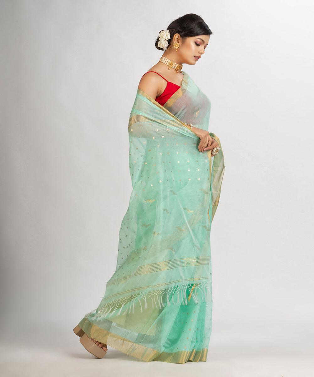 Pastel turquoise cotton silk handwoven sequin bengal saree