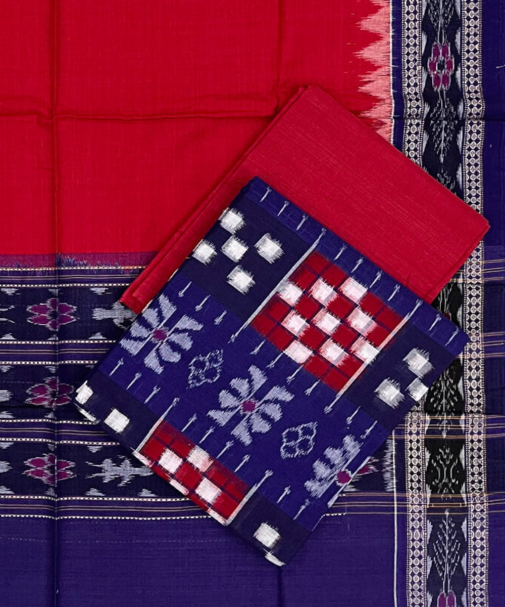 3pc Blue red handwoven cotton double ikat sambalpuri dress material –  GoSwadeshi