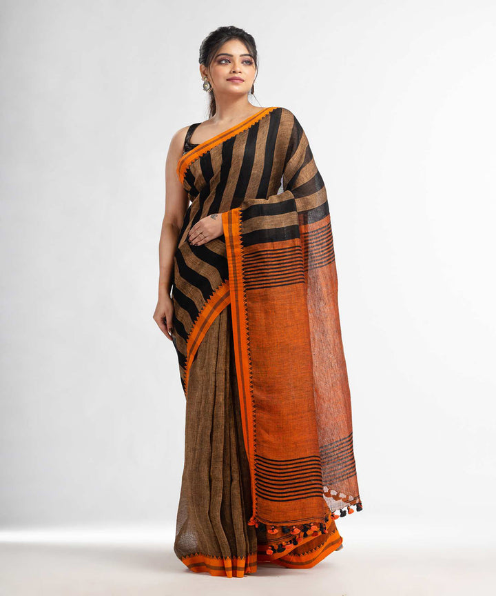 Black mustard handwoven bengal linen saree