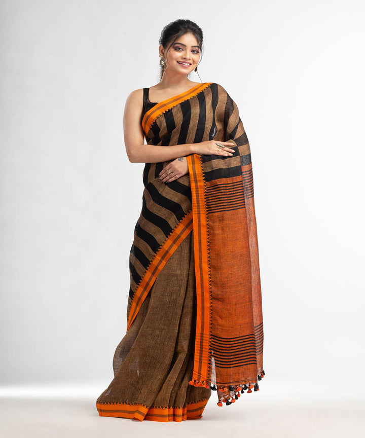 Black mustard handwoven bengal linen saree