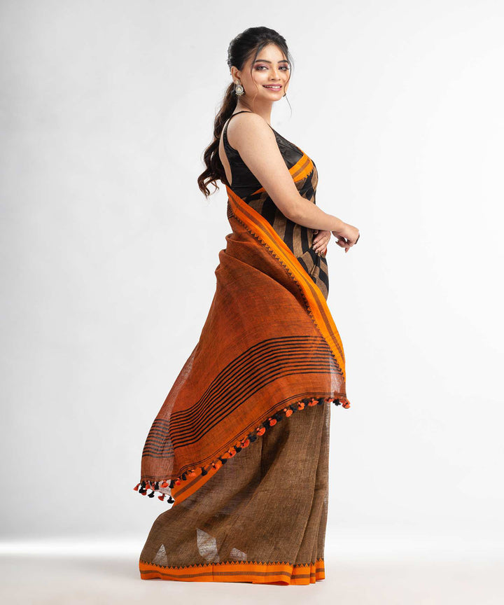 Black mustard handwoven bengal linen saree