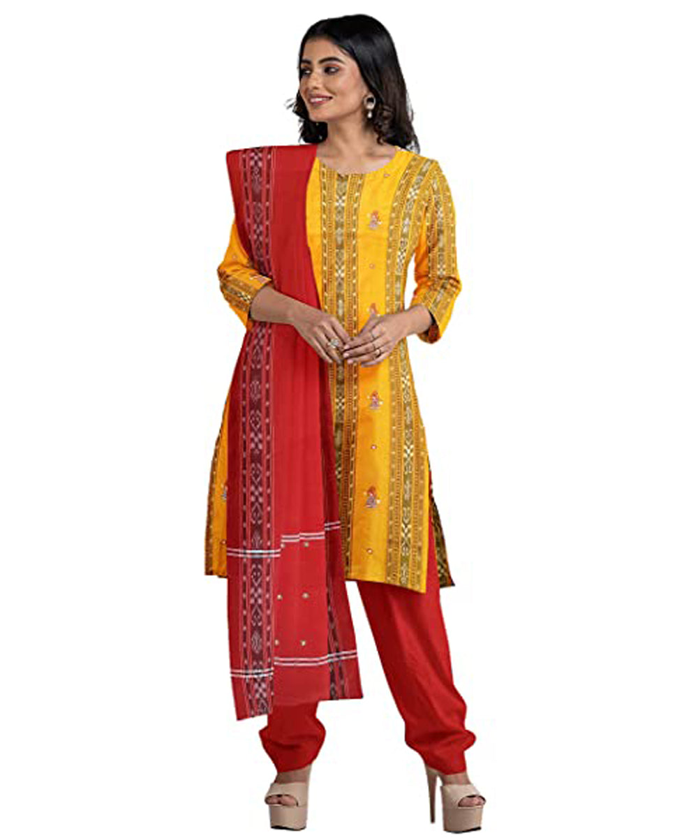 Yellow red handwoven cotton nuapatna dress material
