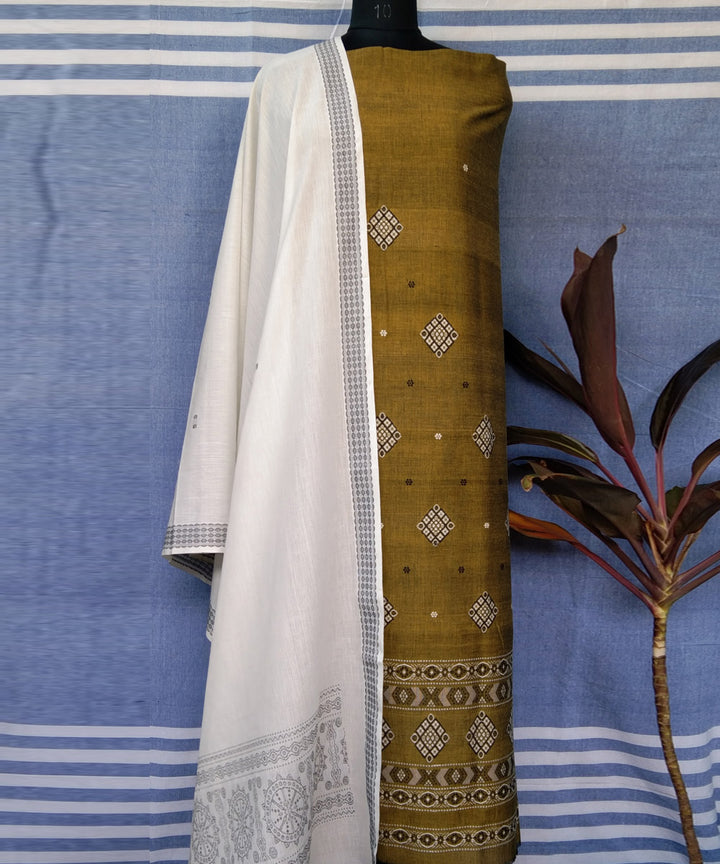 Olive green white handwoven bomkai dress cotton material