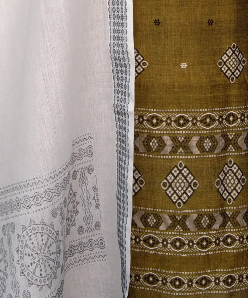 Olive green white handwoven bomkai dress cotton material