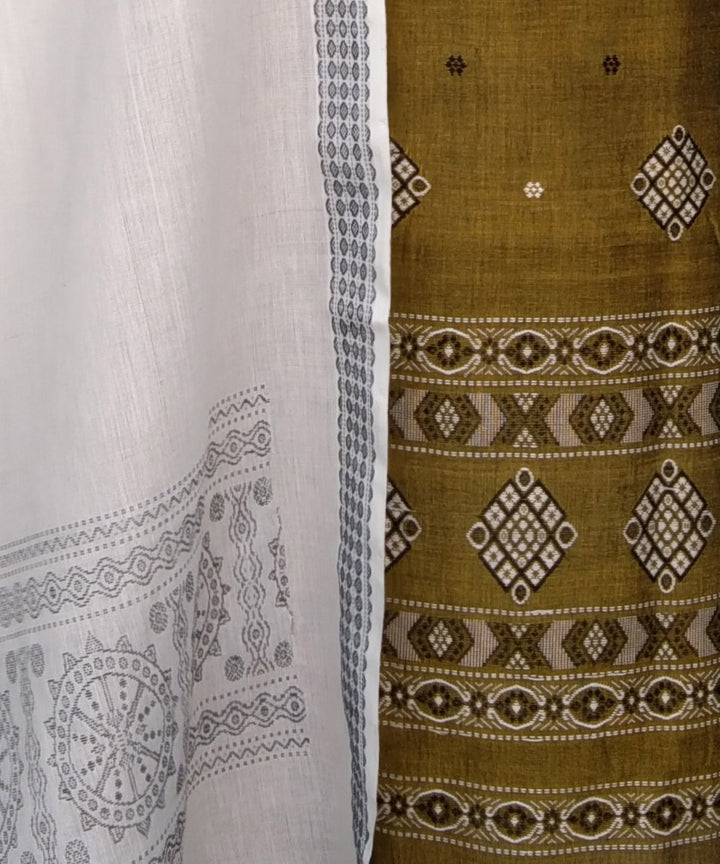 Olive green white handwoven bomkai dress cotton material