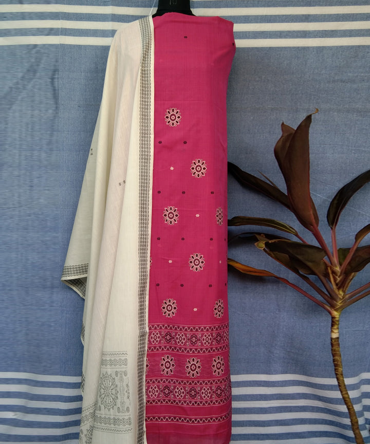 Pink white handwoven cotton bomkai dress material
