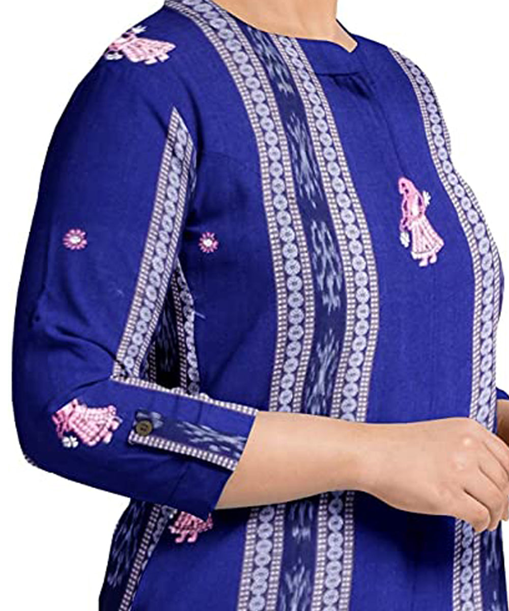 Navy blue pink handwoven cotton nuapatna dress material