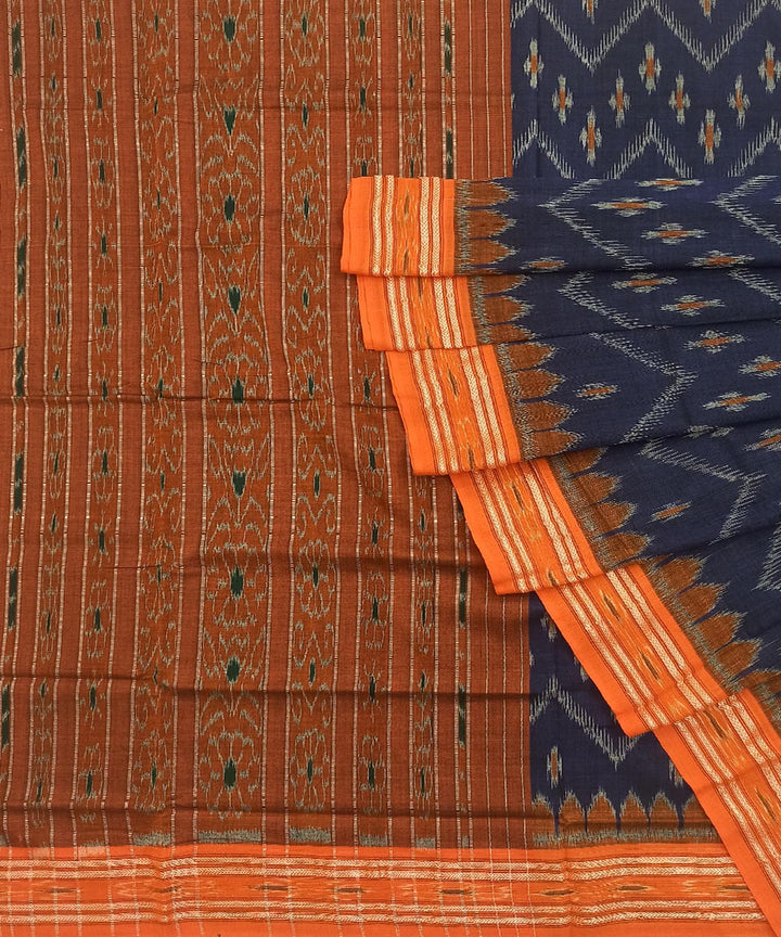 Navy blue orange handwoven cotton odisha ikat saree