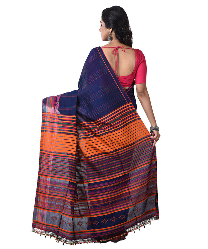 Navy blue multicolor handloom cotton shantipuri saree