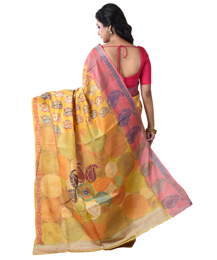 Mustard all over hand kantha stitched tussar silk saree