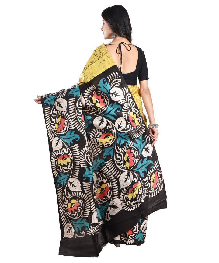 Yellow multicolor handloom silk batik print saree