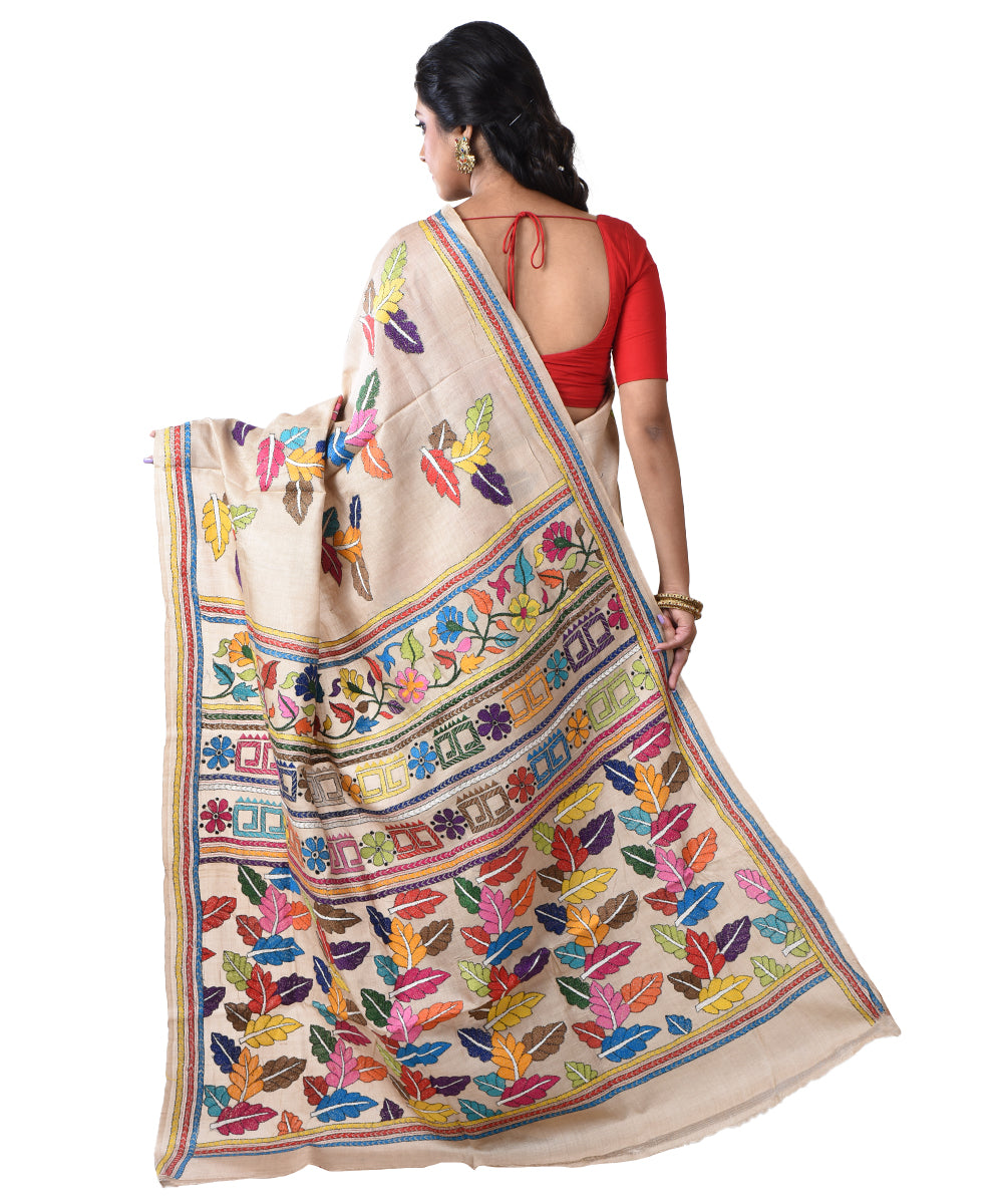 Beige multicolor silk hand kantha stitched saree