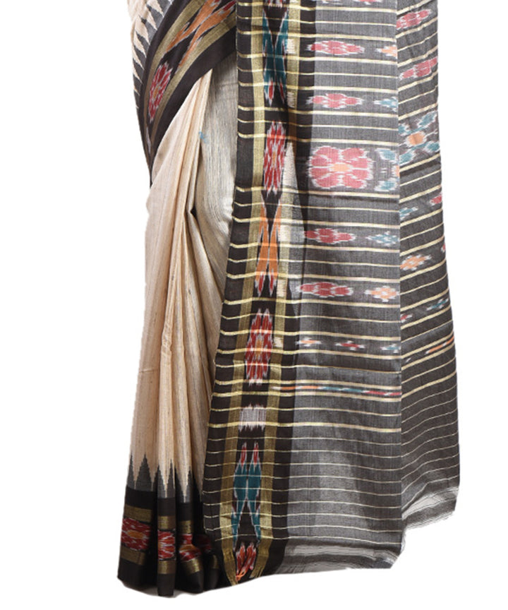 Beige black tussar silk handwoven saree