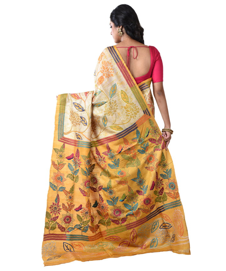 Beige mustard hand kantha stitched tussar silk saree