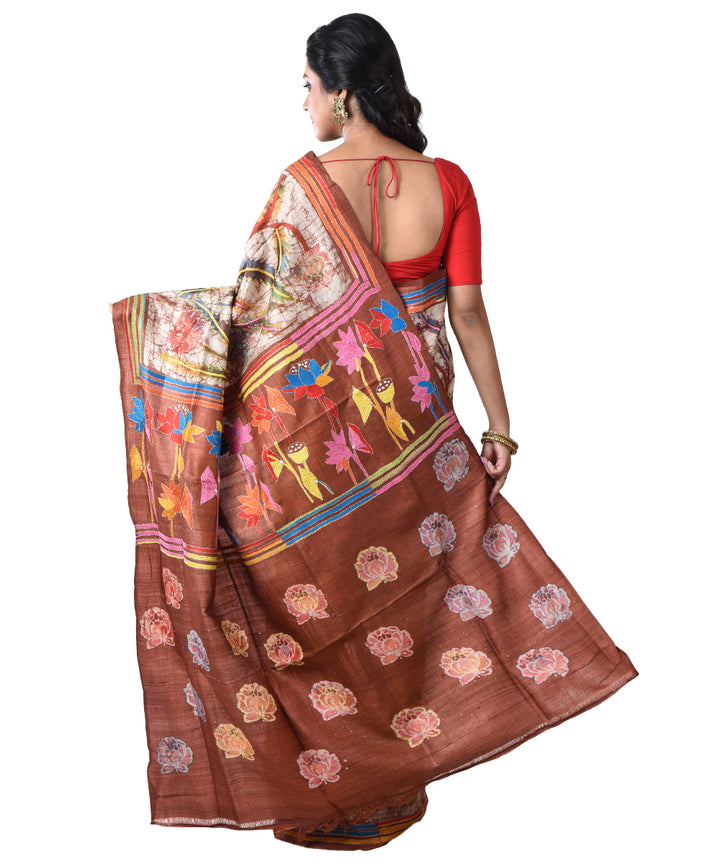 Multicolor brown hand kantha stitched tussar silk saree