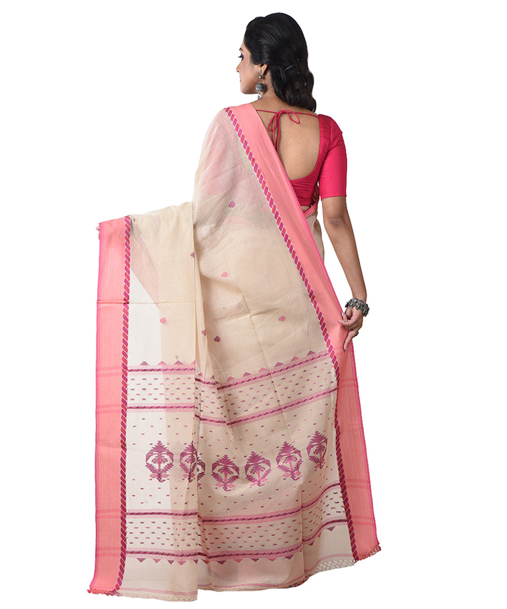 Beige pink handloom cotton shantipuri saree