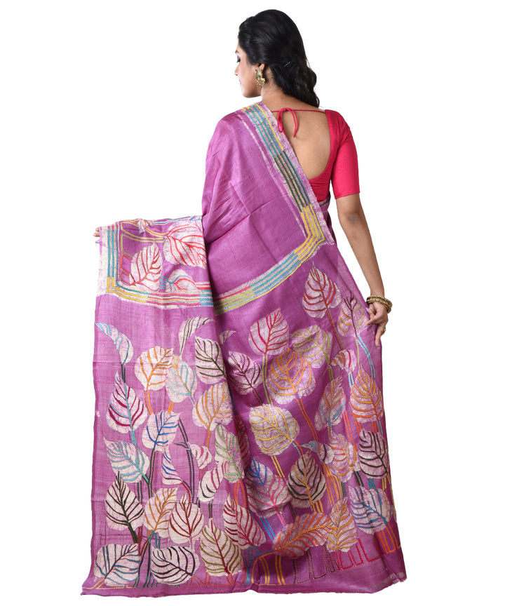 Violet hand kantha stitched tussar silk saree