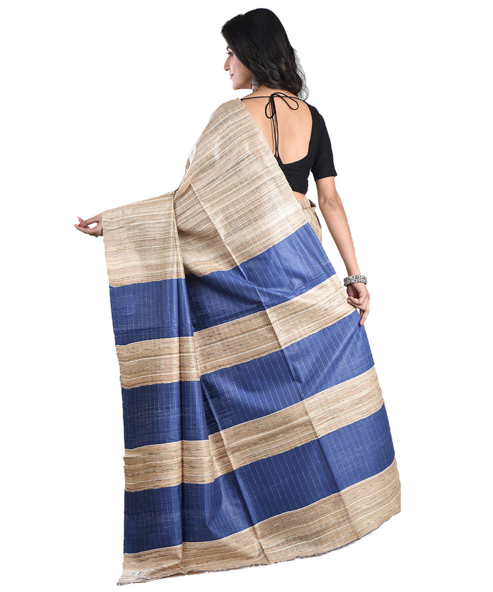 Beige navy blue handwoven tussar silk saree