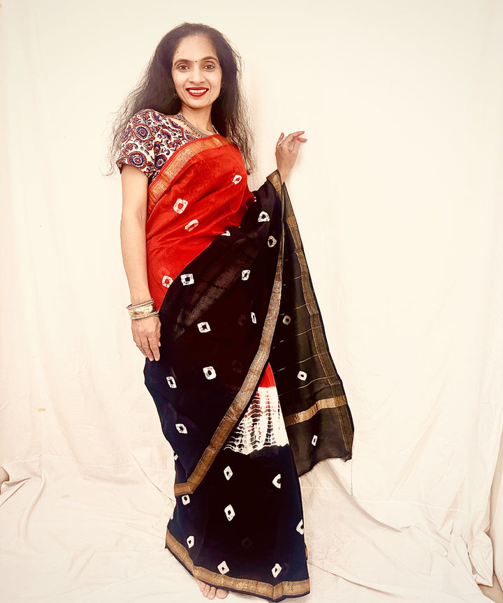 Red black hand block bandhani print maheswari sico saree