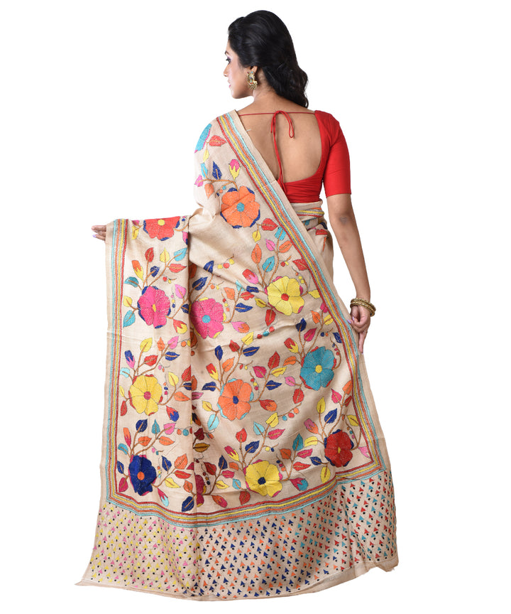 Beige multicolor flower hand kantha stitched tussar silk saree