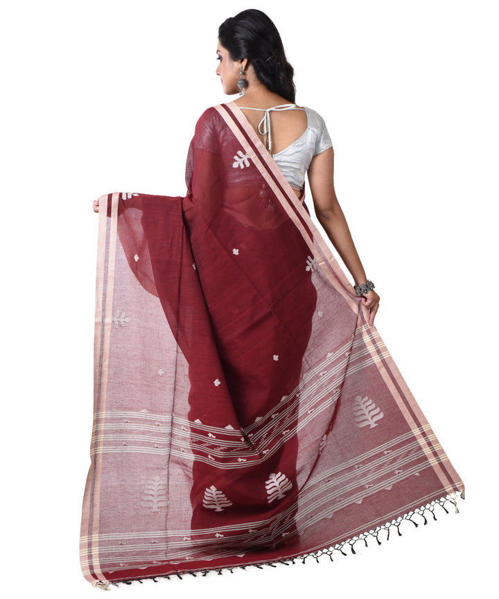 Maroon white handloom cotton shantipuri saree