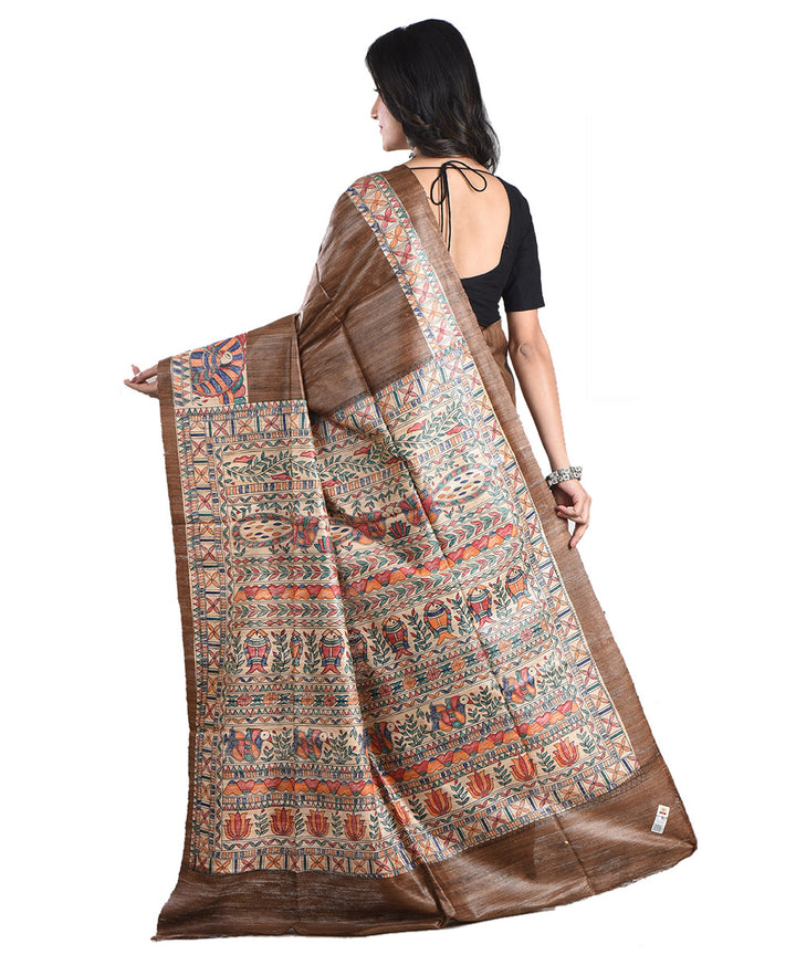 Brown multicolor handloom tussar silk madhubani painting saree