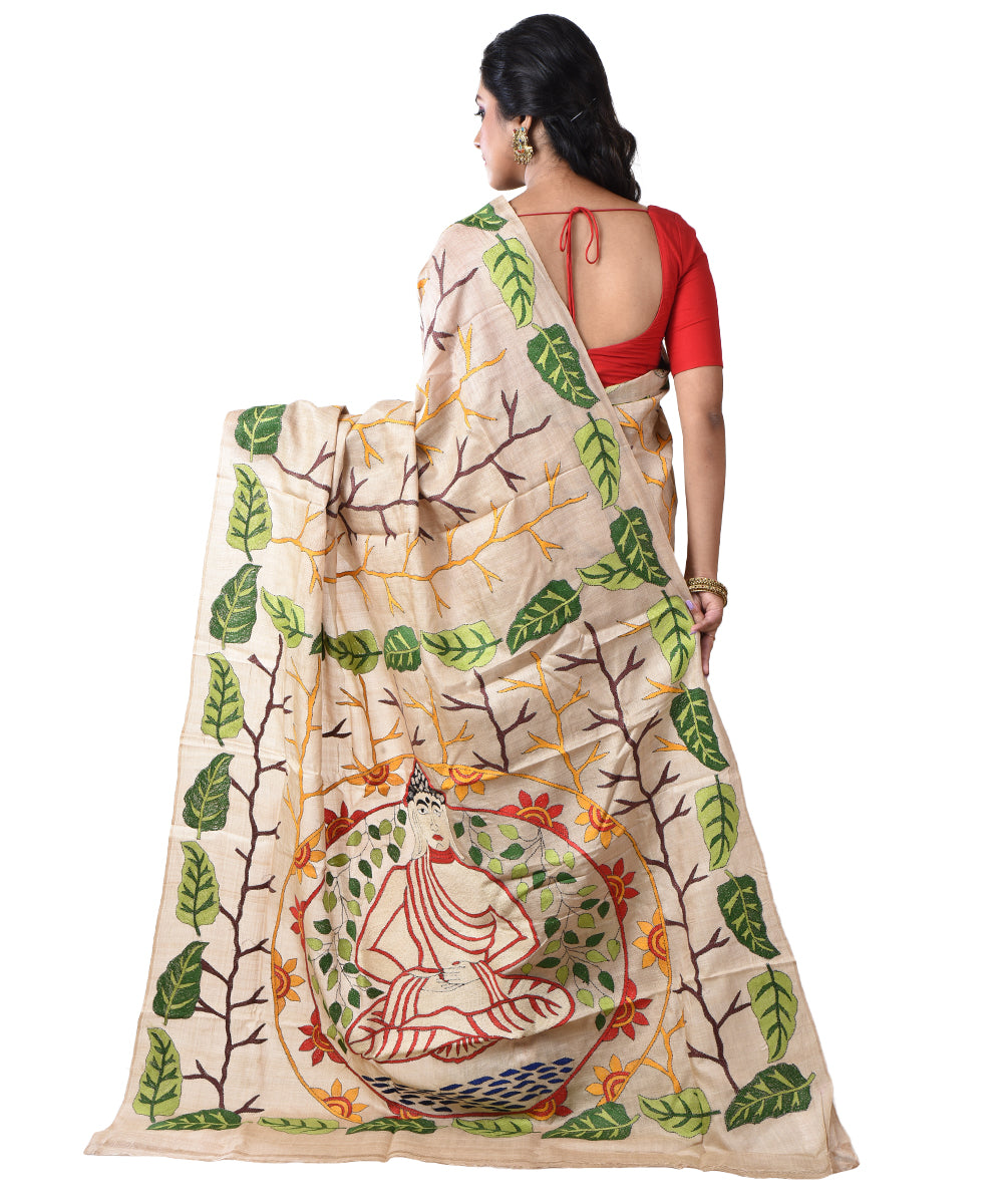 Beige light green hand kantha stitched tussar silk saree