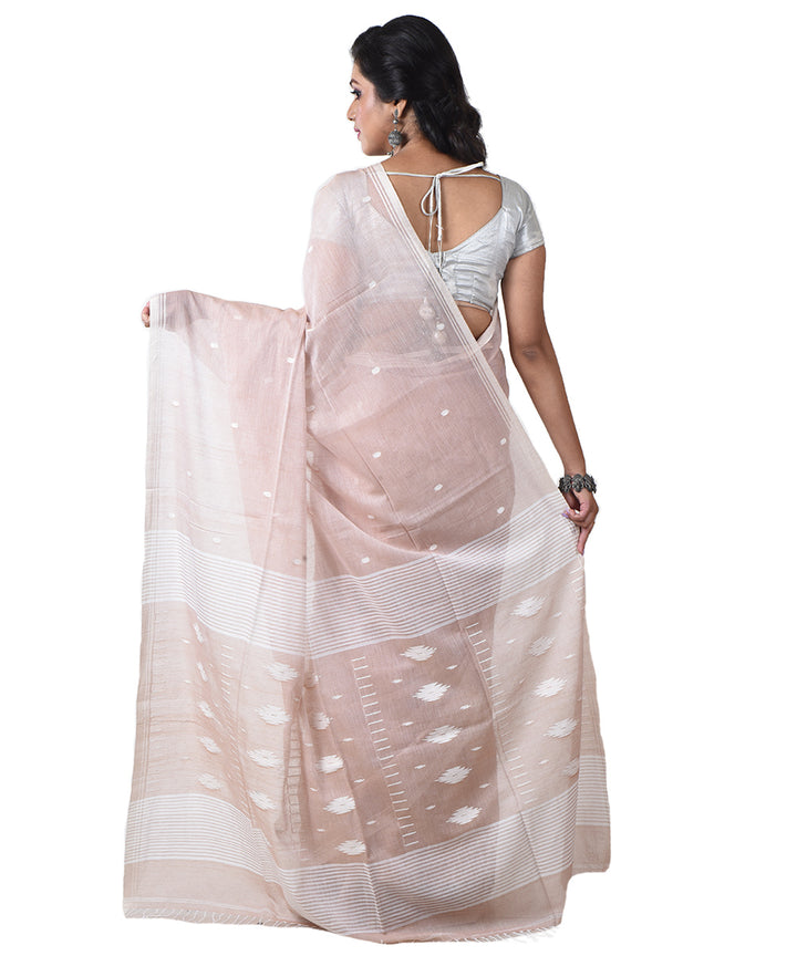 Beige white handloom cotton shantipuri saree