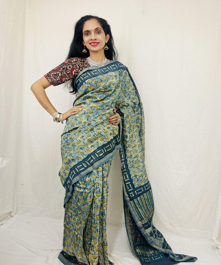 Sea green hand block ajrakh dabu printed chanderi sico saree