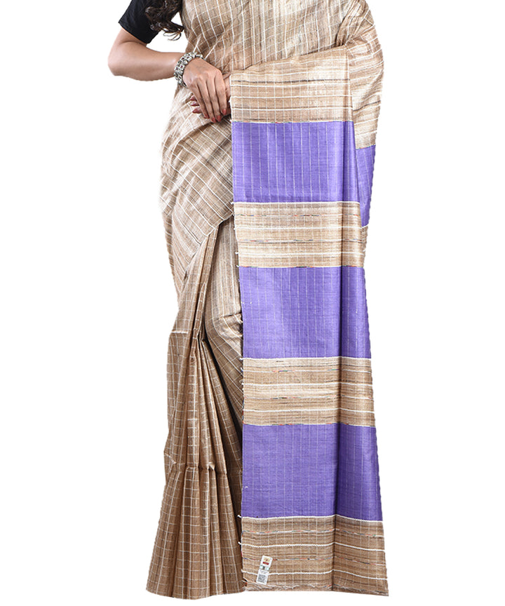 Beige violet handwoven tussar silk saree