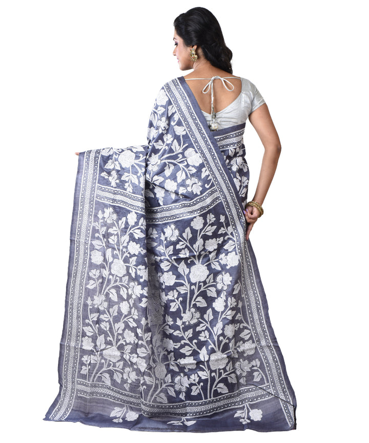 Grey white hand kantha stitched tussar silk saree
