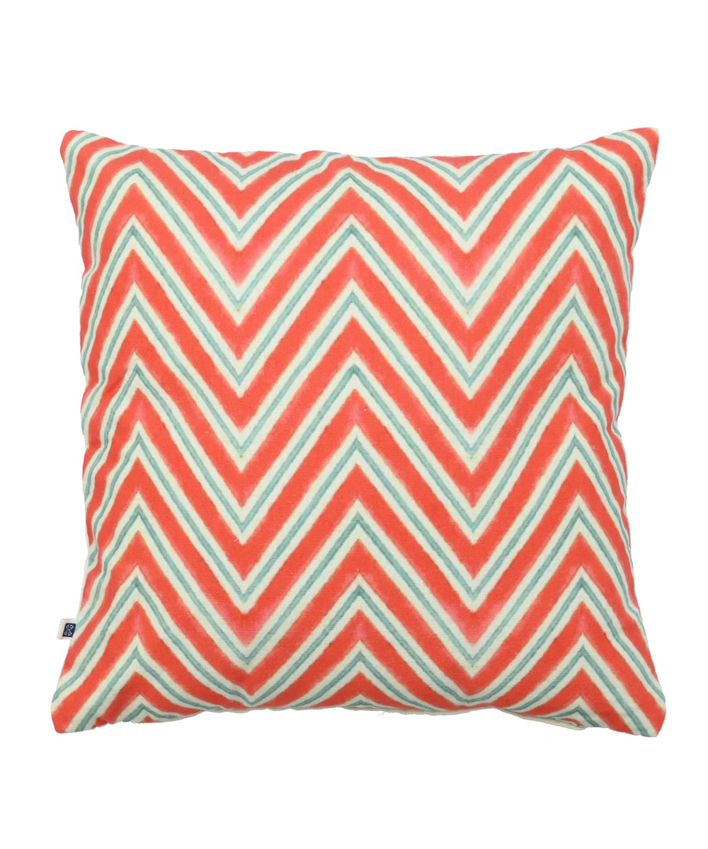 Multicolor red hand printed cotton cushion cover