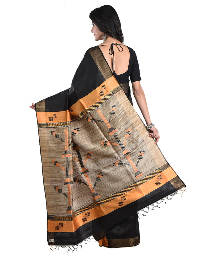 Black beige handloom tussar silk saree