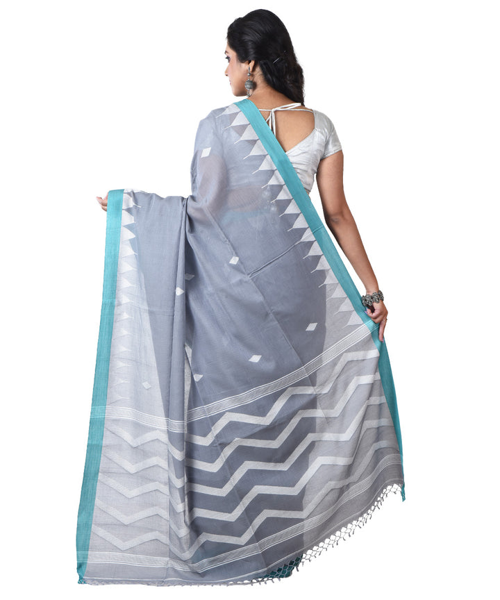 Grey cyan blue handloom cotton shantipuri saree