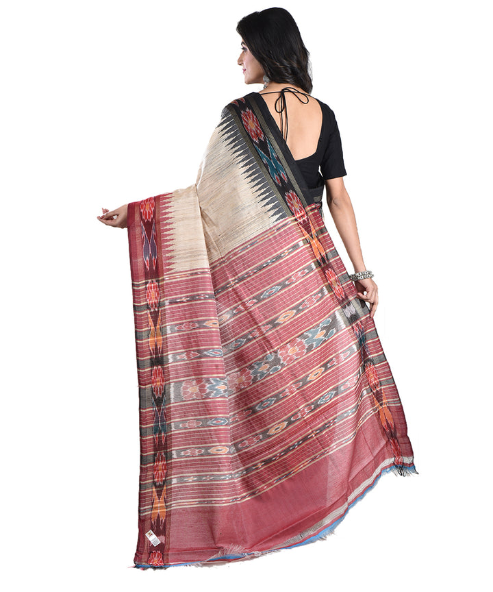 Beige red tussar silk handloom saree