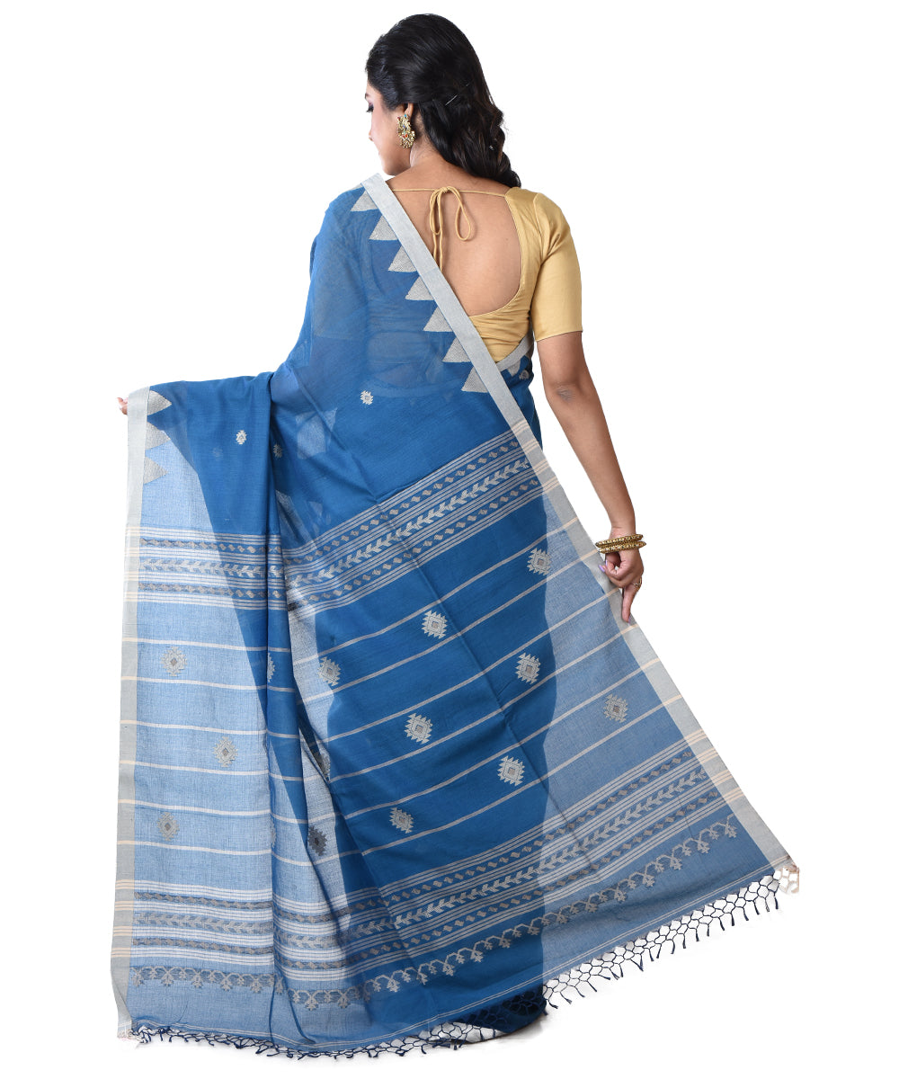 Cyan blue shantipuri handloom cotton saree