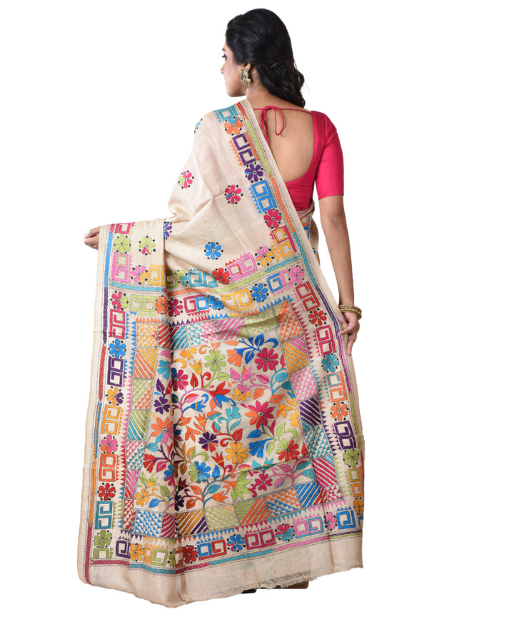 Beige multicolor hand kantha stitched tussar silk saree