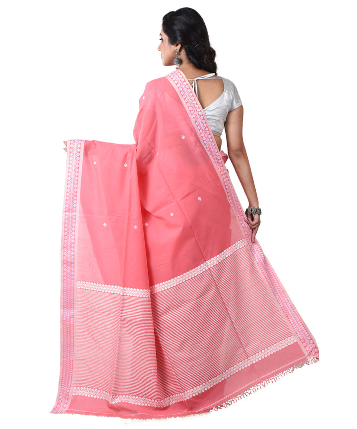 Pink white handloom cotton shantipuri saree