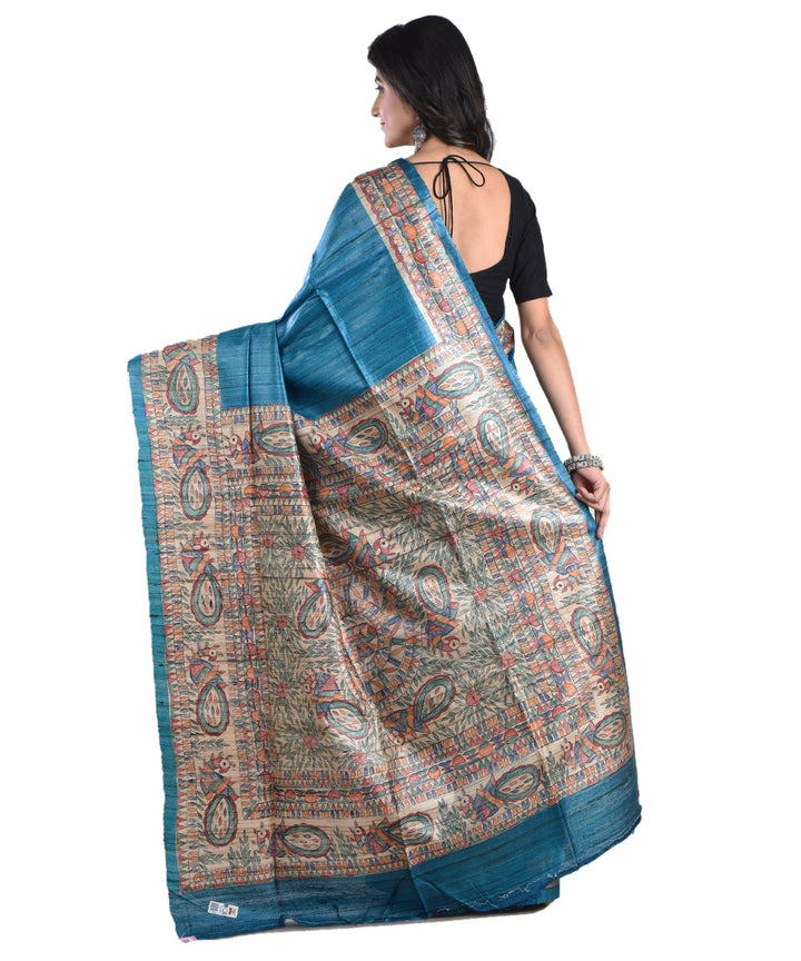 Sky blue multicolor handloom tussar silk madhubani painting saree