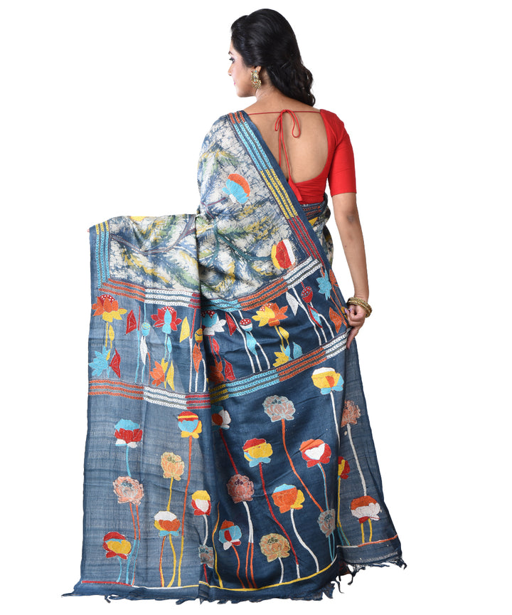 Turquoise hand kantha stitched tussar silk saree