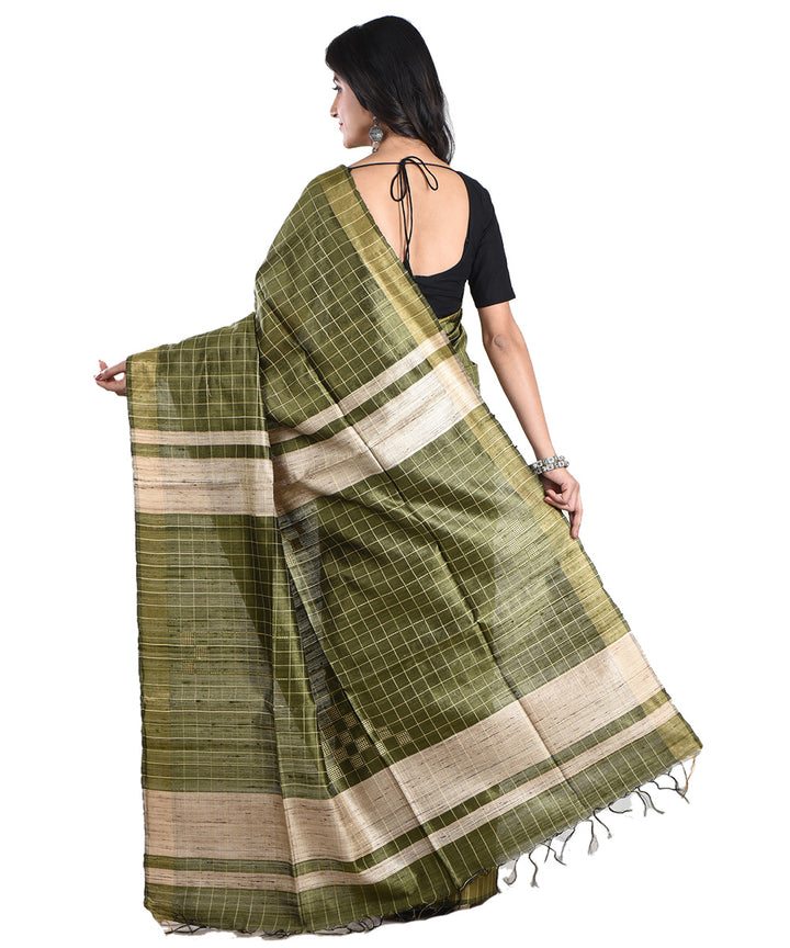 Dark green beige handwoven tussar silk saree