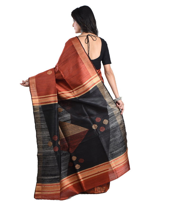 Red black handwoven tussar silk saree