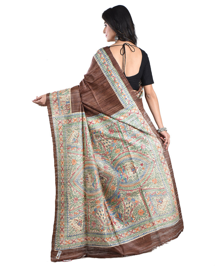 Brown multicolor handloomtussar silk madhubani painting saree