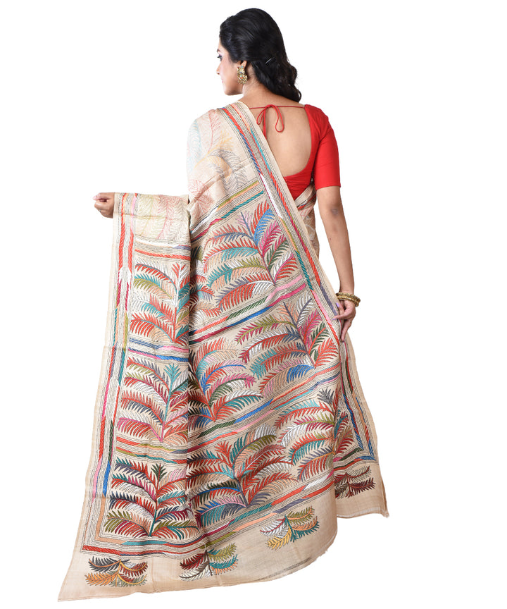 Beige hand kantha stitched bengal tussar silk saree