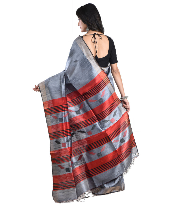 Grey red handwoven tussar silk saree
