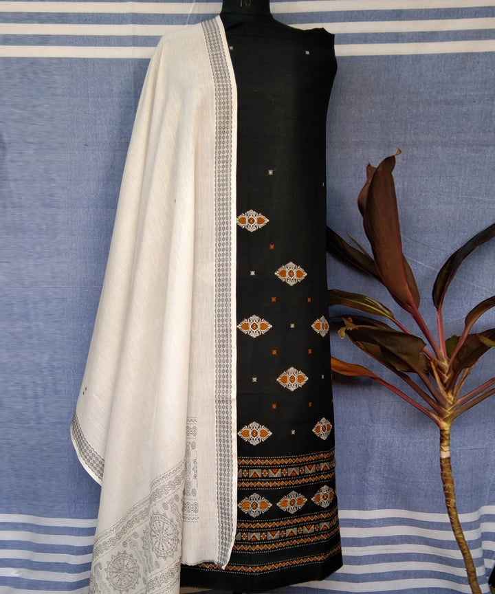 Black white handwoven cotton bomkai dress material