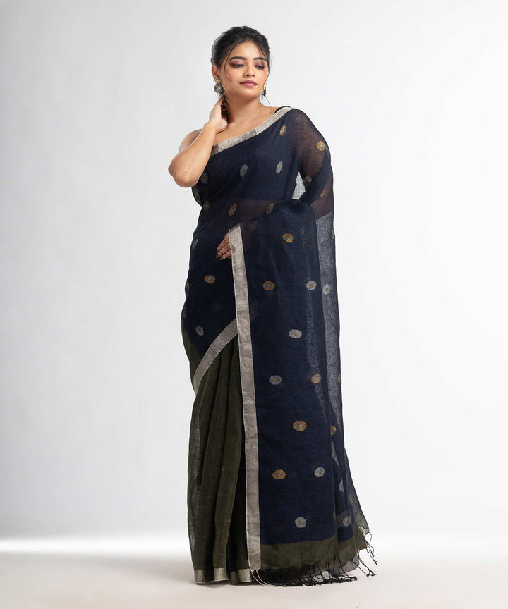 Navy blue sage handwoven bengal linen saree